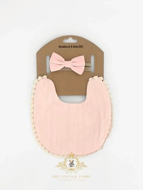 NWT Lovely Girls Baby Bib & Hair Bows Accessory Set Boutique Bohemian Eyelet OS