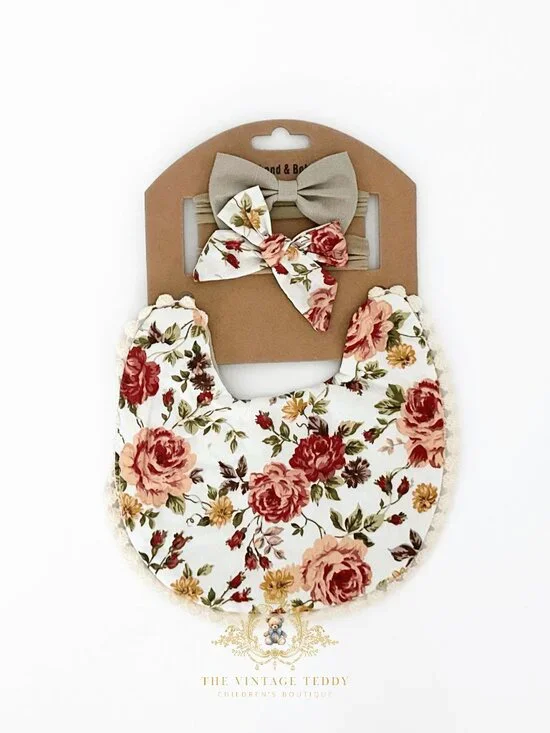 NWT Lovely Girls Baby Bib & Hair Bows Accessory Set Boutique Bohemian Floral OS