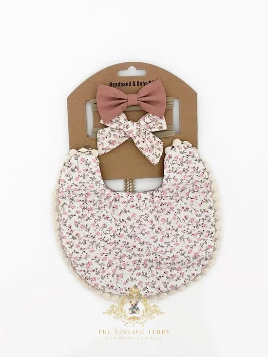 NWT Lovely Girls Baby Bib & Hair Bows Accessory Set Boutique Bohemian Floral OS