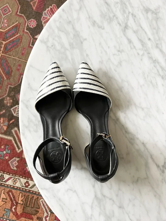 Tory Burch Pointed Toe Heels Navy White Striped Ankle Strap 6.5