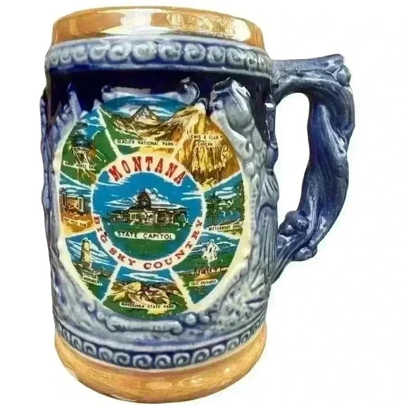 Vintage Montana souvenir beer stein mug blue & brown luster glaze made in Japan