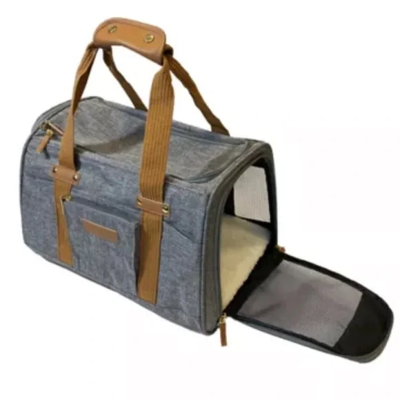 Dog Sherpa zipper top side Stylish Gray Tan Pet Carrier Bag car luggage