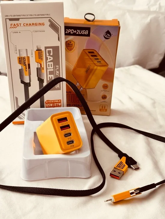 Fast Charging USB C Wall Charger Block Braided Cable 20W PD MultiPort Yellow NIB
