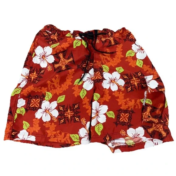 Big Dogs Swim Trunks Men Medium Red Floral Bored Shorts Surfing Hawaiian Beach‎