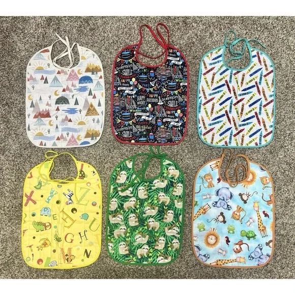Lot Of 6 Quilted Handmade Bibs Assorted Large Size 12