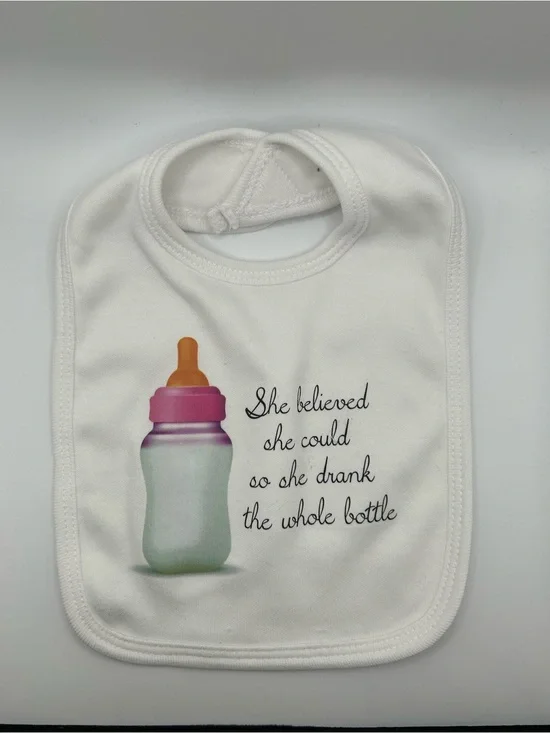 NWOT Cute White Baby Bib with Bottle Graphic and Quote