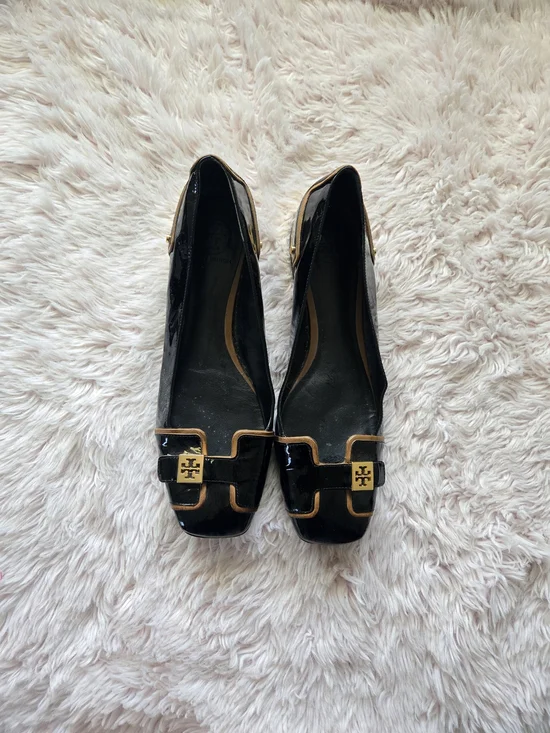 Tory Burch Black Patent Leather Square-Toe Logo Flats with Gold Trim