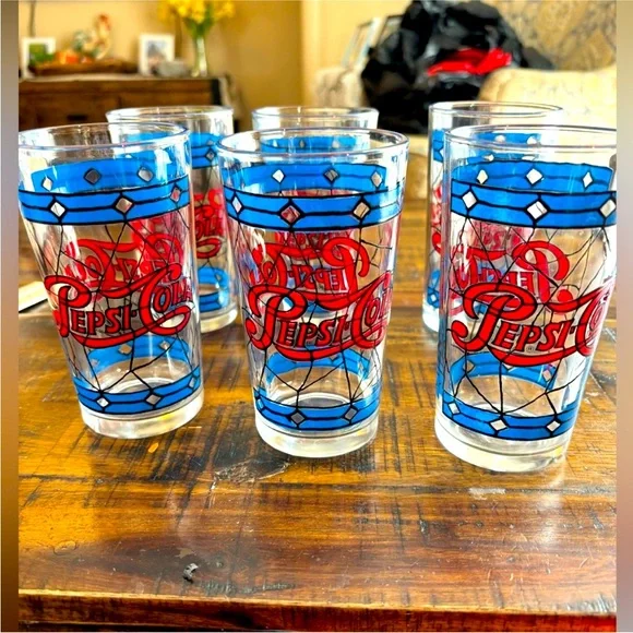 Vintage Tiffany Style Pepsi Cola Glasses Tumblers Red Blue Stained Glass‎ Design