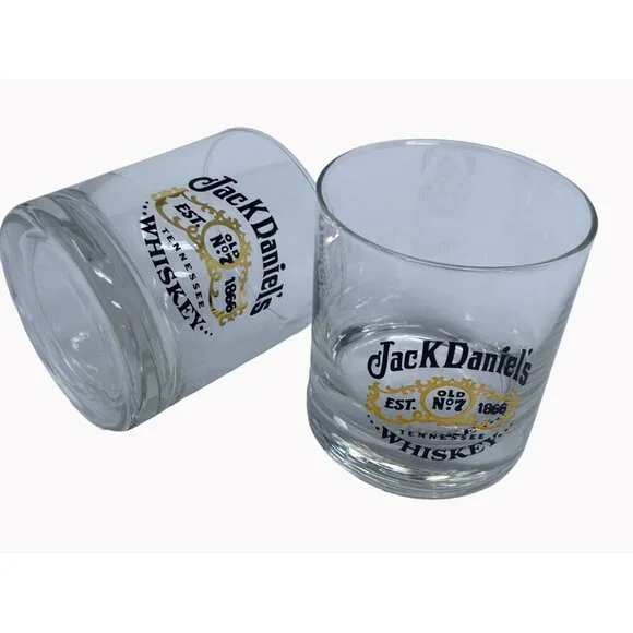 Vintage Jack Daniels Low Ball Whiskey Glasses black gold Logo