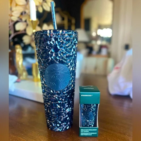 STARBUCKS Holiday Deep Navy Blue Cut Gemstone 24 oz Cold Cup & Keychain SET NEW