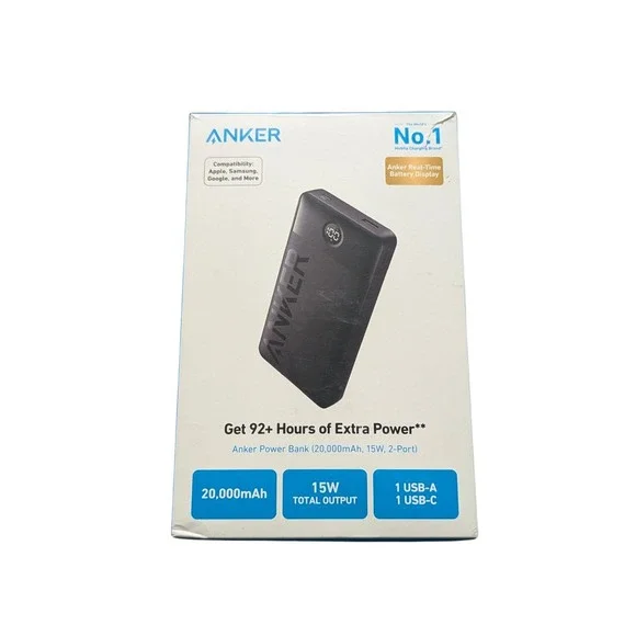 Oo4U Anker Power Bank (20000mAh, 15W,‎ USB-A+USB-C Input/Output, 2-Port) Black