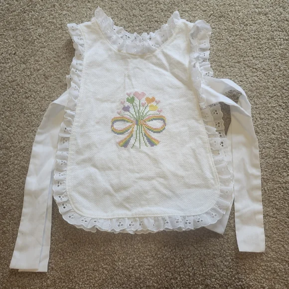 White Cross-Stitch Lace Bib with Pastel Floral Bow
