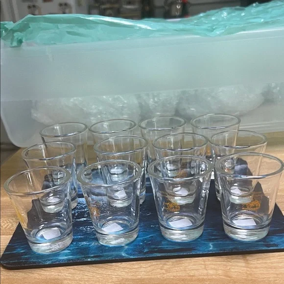 #0954*Set of 12 Clear Shot Glasses Thee Golden Tiger Art by Julie Lee Nersinger