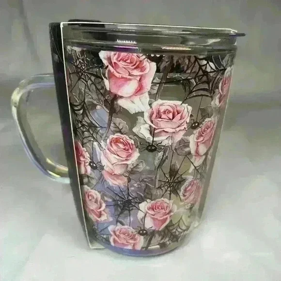 Glass Halloween travel sipper lid mug with pink roses cob webs little spiders