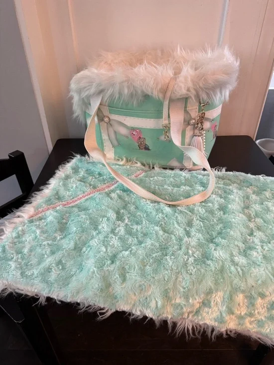 Mint Green Faux Fur Pet Carrier Bag & Matching Blanket