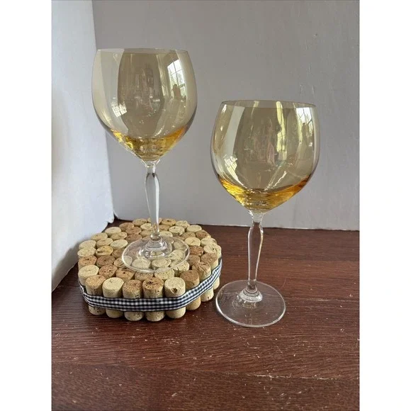 Pier 1 Amber Golden Large Balloon Wine Glasses Clear Stem Set Of 2 8.5