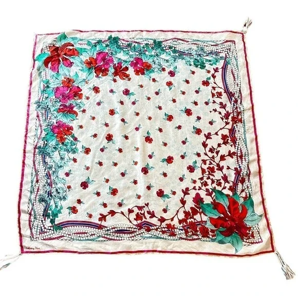 Johnny Was Large Silk Floral scarf shawl square Cover up oversized tassels pearl