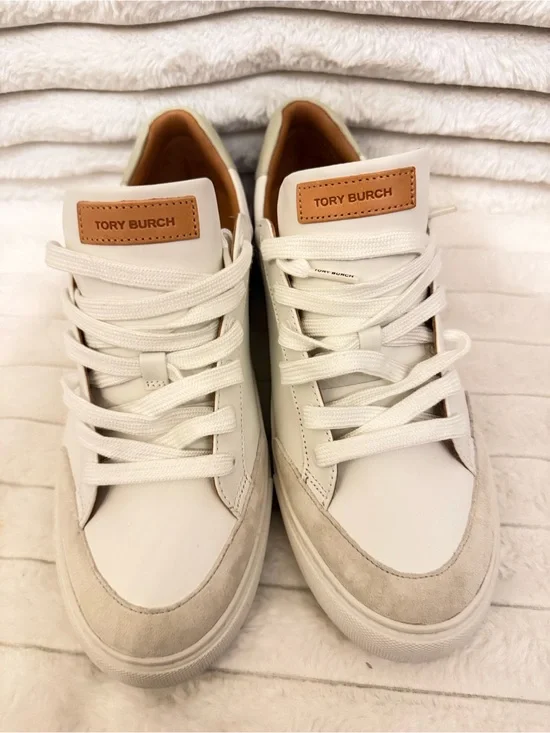 Tory Burch Cream & Tan Leather Suede Sneakers