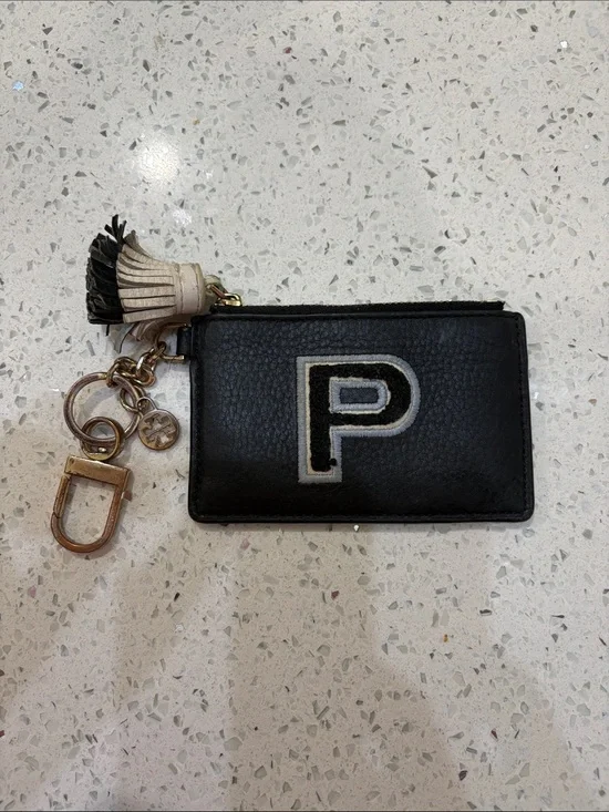 Tory Burch Black Leather Card Case Keyring with Tassel