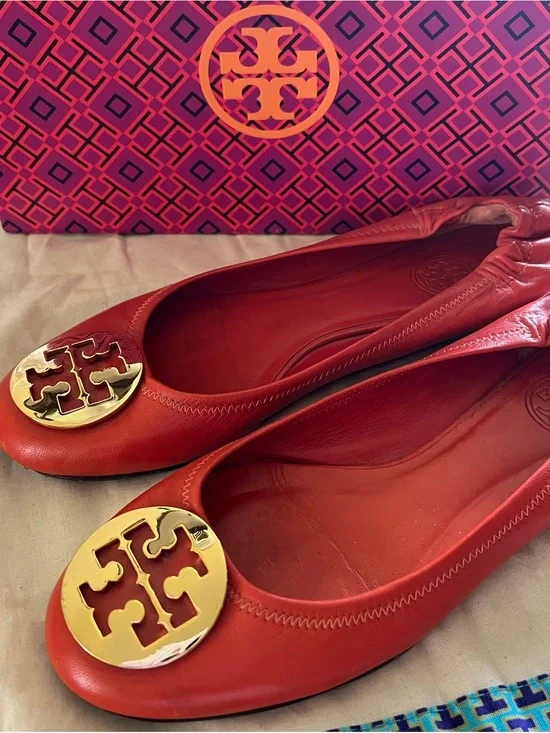 Tory Burch Orange Leather Logo Ballet Flats Size 8