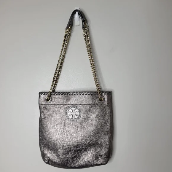 Tory Burch Metallic Gray Pebbled Leather Pursr