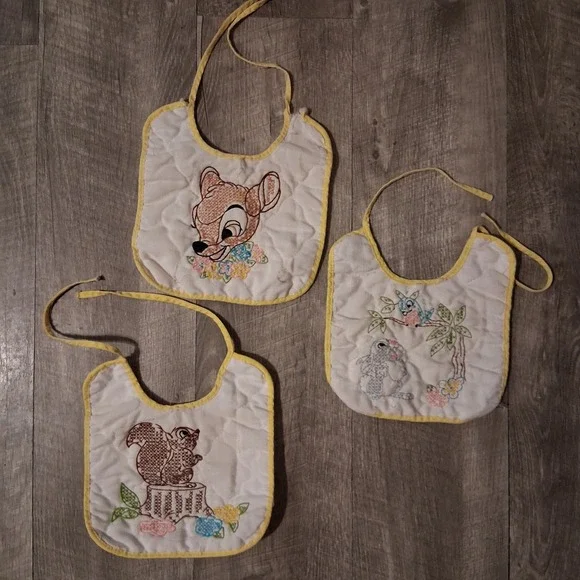 Vtg Disney Embroidered Cross-stitch Baby Bibs-Bambi Thumper Squirrel Lot Of‎ 3