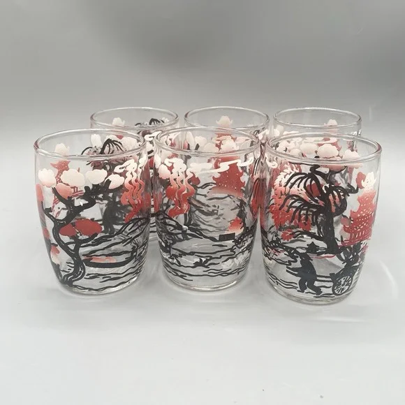 Vintage Pagoda Juice Glasses Set of 6 Red Pink Trees Rickshaw Mid Century Asian