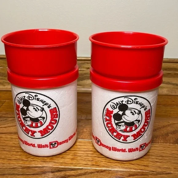 WALT DISNEY WORLD set of 2 Vintage Styrofoam Cup Holder‎ w Plastic Cup Inserts