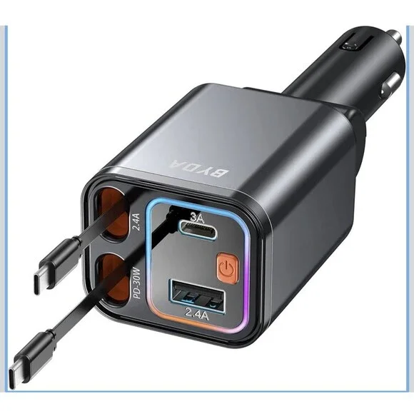 4 in 1 Retractable Car Charger,69W For Apple+Type C &RGB [Black], RGB [Black]