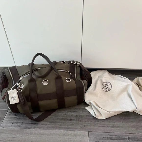 Hermes Careying Dog Travel Bag - Green Canvas
