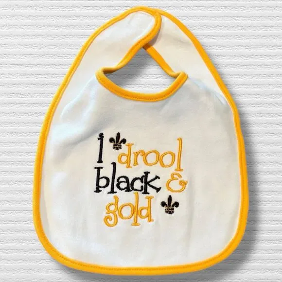 New Orleans Saints Embroidered “I Drool Black & Gold” Bib With Fleur Du La NWOT