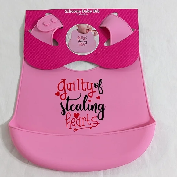 Pink Guilty Of Stealing Hearts Silicone Baby Bib, New With Tag