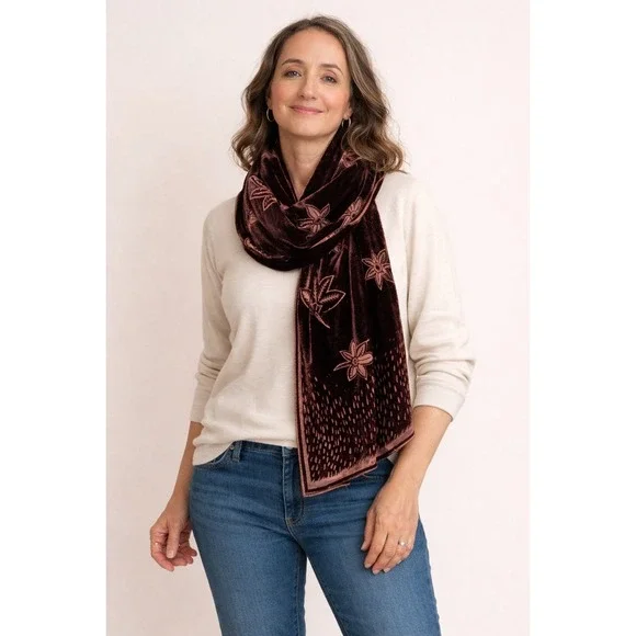 Georgina‎ von Etzdorf Brown Devore Velvet Silk Floral Scarf Made in England 66