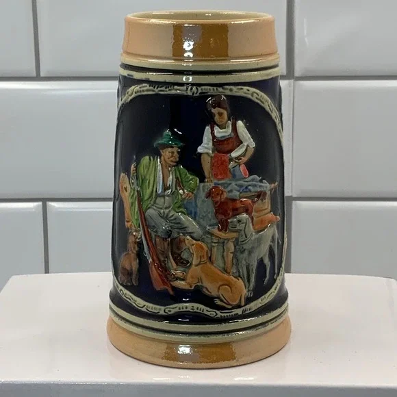 Vintage Western Germany Beer Stein Hunter Scene Ceramic Mug Cobalt Blue Relief