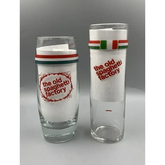 Two (2) Vintage The Old Spaghetti‎ Factory Drinking Glasses Italian Restaurant