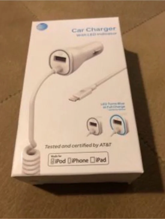 AT&T White Car Charger with Lightning Cable
