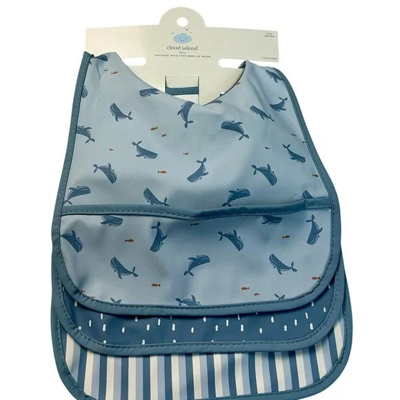 Cloud Island Baby Bibs Set 3 Whale Dots Stripes Waterproof‎ Wipeable