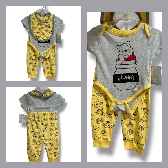 Disney Winnie The Pooh Honey Pot Onesie Bib Set Size 0-3Months