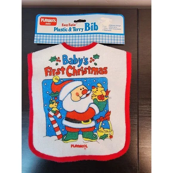 Vintage Playskool Baby's First Christmas Baby Bib Terry Cloth Baby's‎ 1st New 86