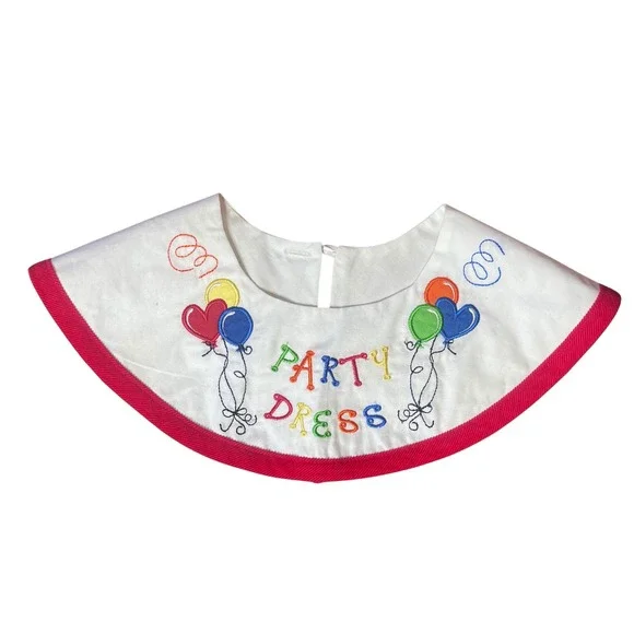 Kids Embroidered Birthday Party Dress Collar Bib White Pink Balloons Fun