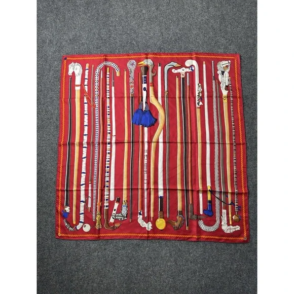 Womens Silk Hermes Paris Les Cannes Cane Print Scarf Red,‎ Size One Size