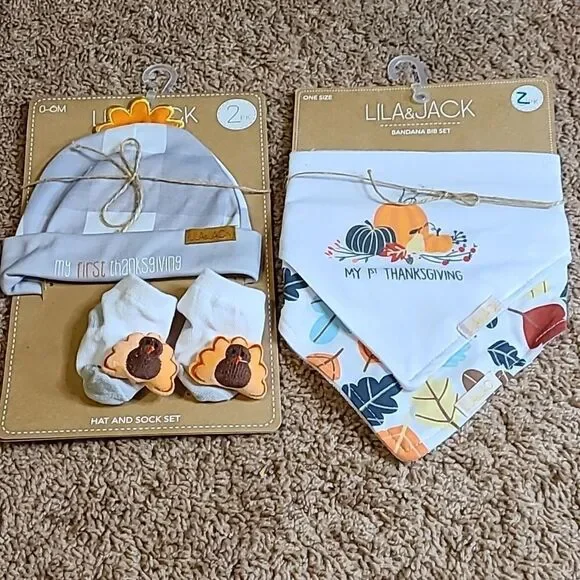 Lila & Jack 2 Sets, one w/2 Thanksgiving Bibs, and second set of booties…