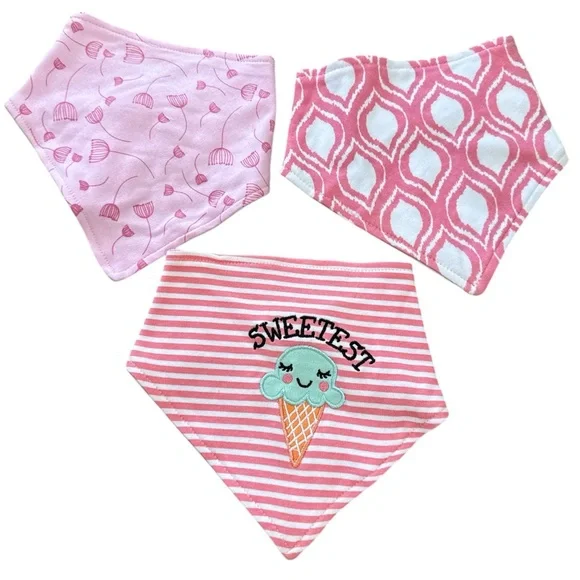 NWT Adorable Pink Baby Bandana Bibs Trio Adjustable 100% Cotton Floral Stripe