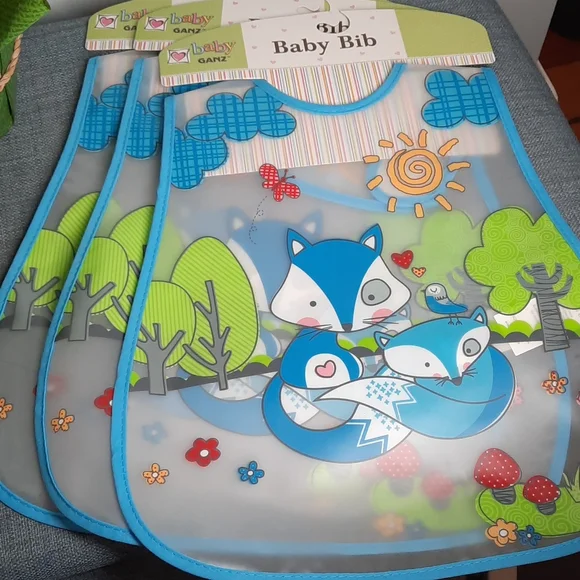 Baby Bibs Fox Bird Trees Reusable Mushrooms Flowers Boy Butterfly Set Three NWT