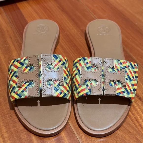 Tory Burch Rafia And Leather Ines Multicolor Slide Sandals 8
