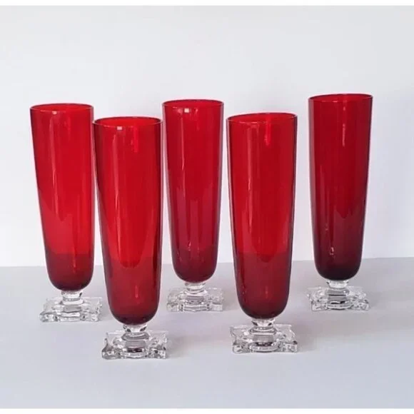 Vintage MCM Seneca Slim Jim 903 Ruby Red Footed Pilsner Beverage Glass Vase Set