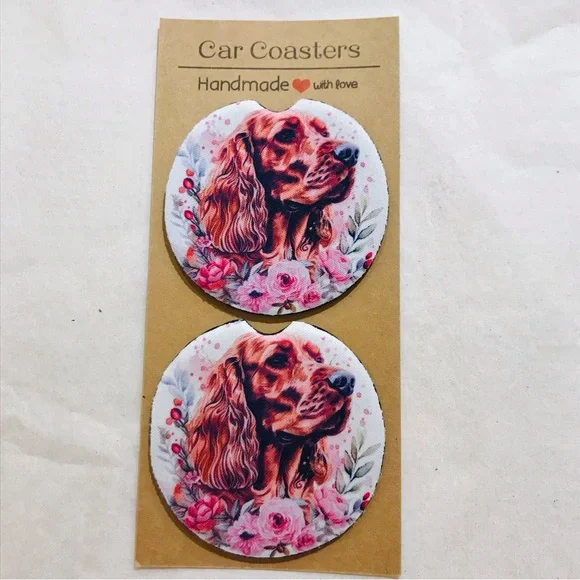 Handmade Cocker Spaniel Car Coasters Set with Pink Floral Design