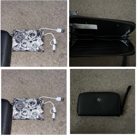 Phone charger wallet Adrienne Vittadini black leather zip around wristlet