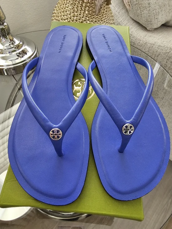 Tory Burch Blue Leather Logo Medallion Flip Flops