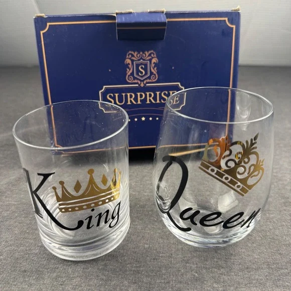 King Queen Crown Stemless Wine Glass Set Couple Gift‎ Surprise Box